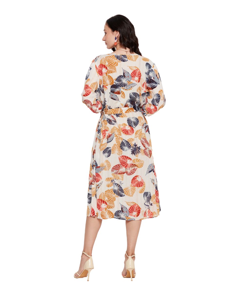 Leaf Printed Multicolor Cotton Midi Dress For Women
