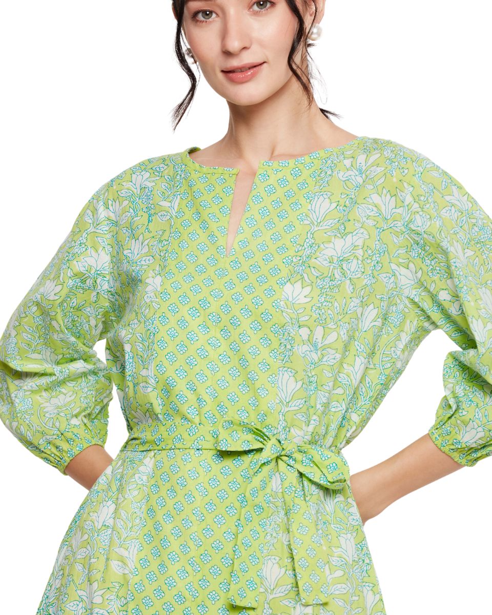 Neon Green Cotton Floral Print Midi Dress For Women