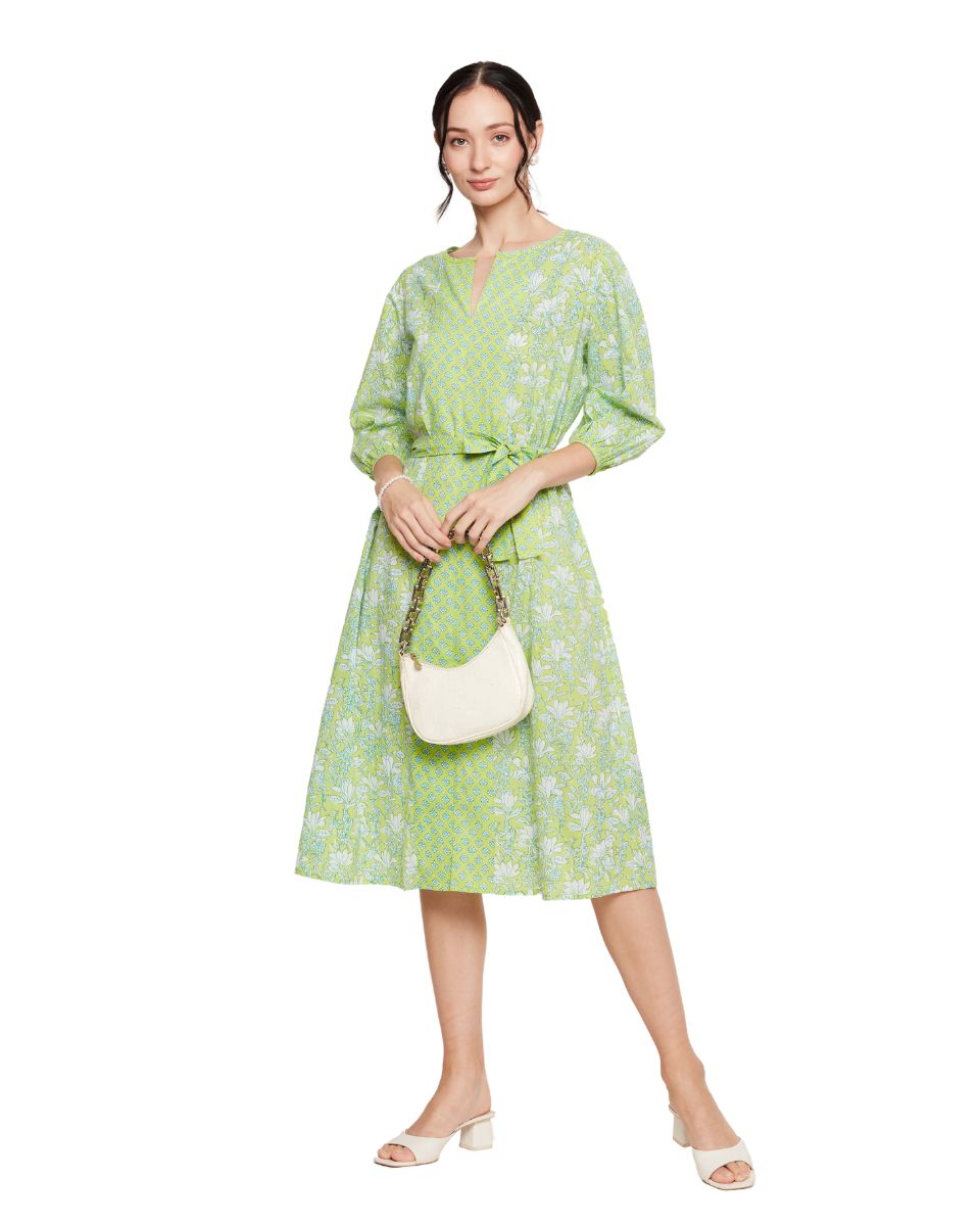 Neon Green Cotton Floral Print Midi Dress For Women