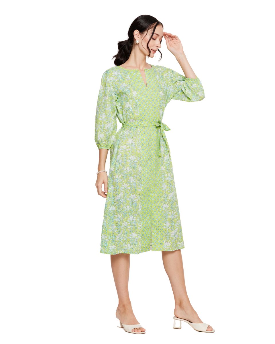 Neon Green Cotton Floral Print Midi Dress For Women
