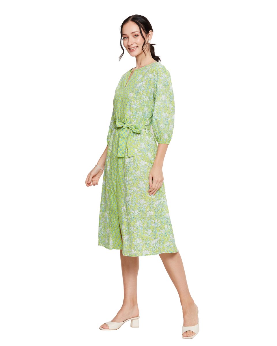 Neon Green Cotton Floral Print Midi Dress For Women