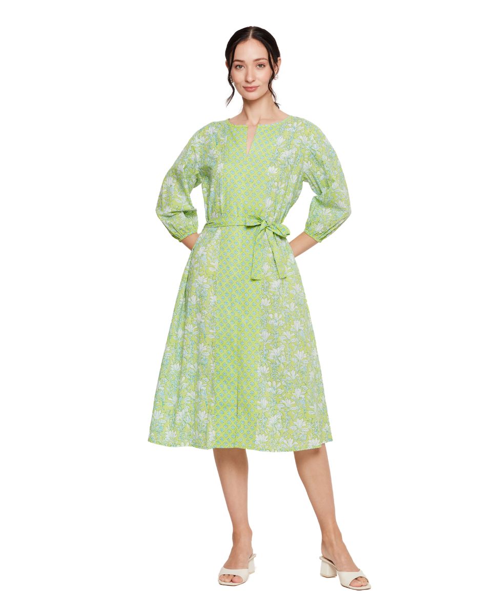 Neon Green Cotton Floral Print Midi Dress For Women