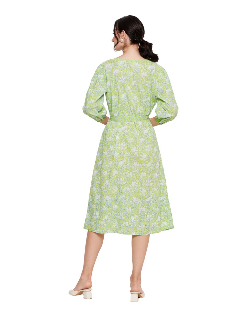 Neon Green Cotton Floral Print Midi Dress For Women