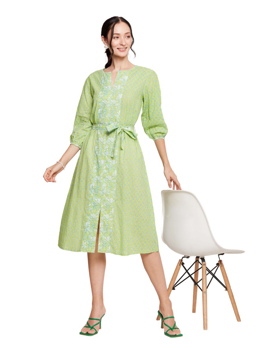 Green Neon Floral Printed Cotton Dress For Women