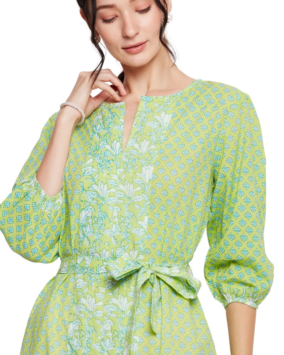 Green Neon Floral Printed Cotton Dress For Women