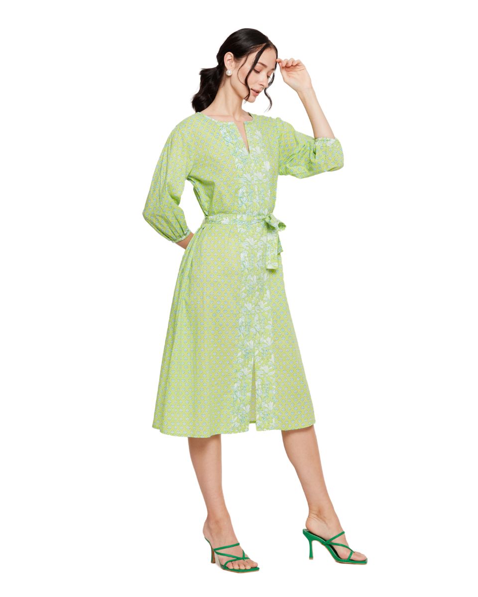 Green Neon Floral Printed Cotton Dress For Women