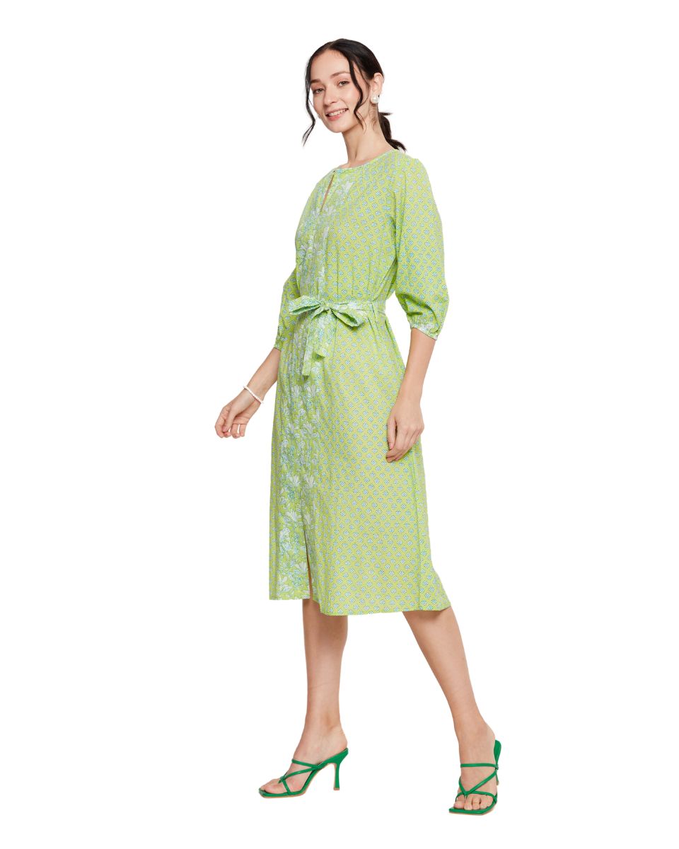 Green Neon Floral Printed Cotton Dress For Women