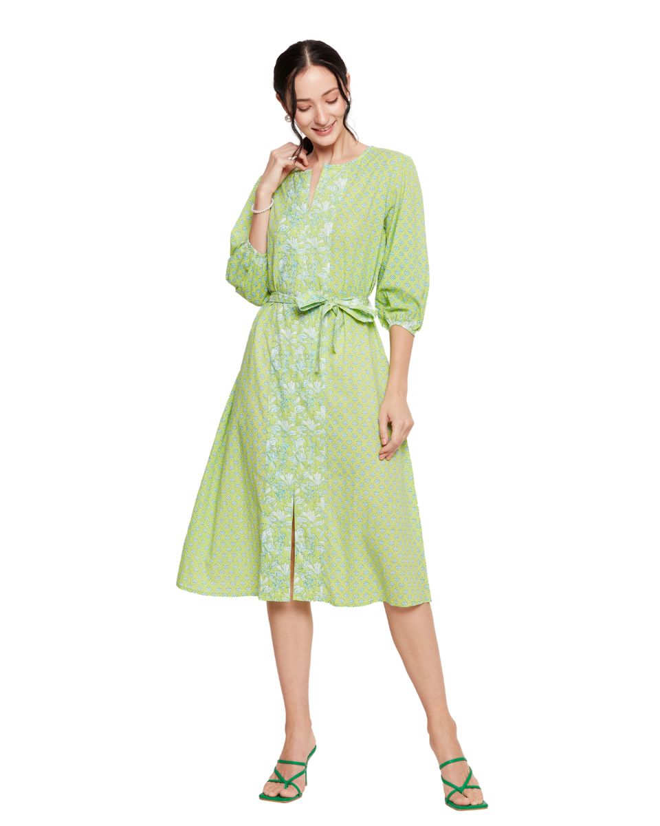 Green Neon Floral Printed Cotton Dress For Women