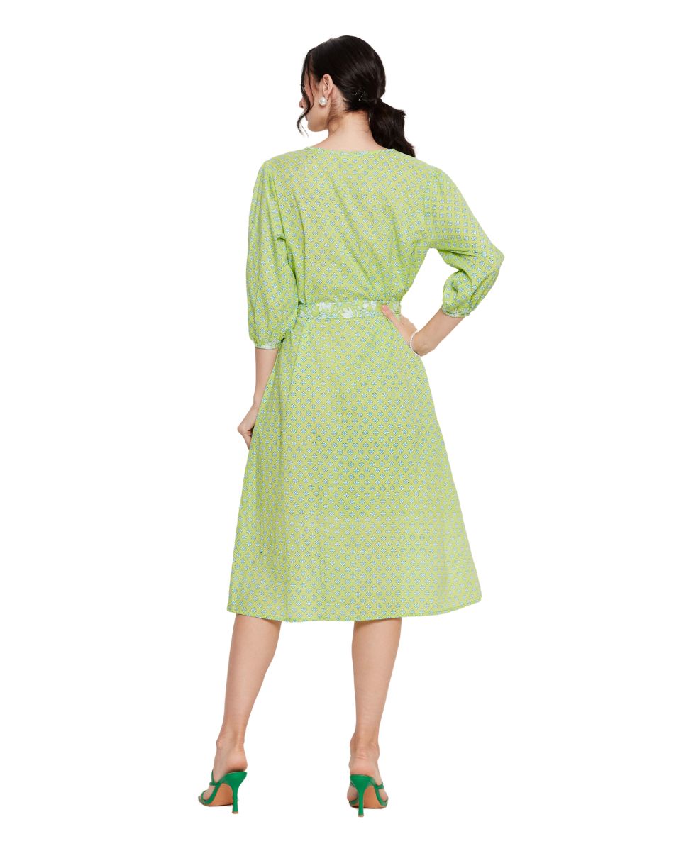 Green Neon Floral Printed Cotton Dress For Women