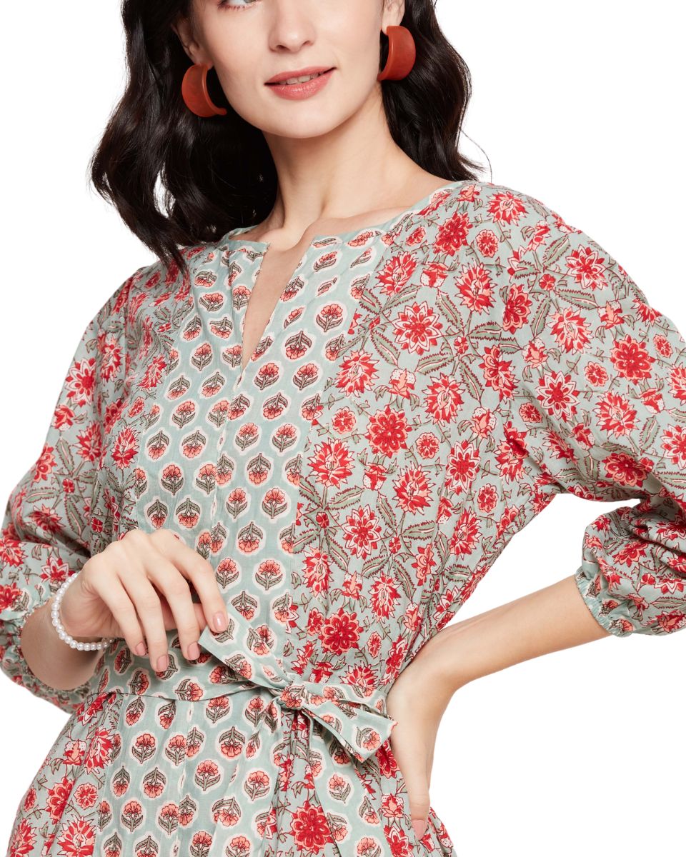 Pista Green Floral Printed Cotton Mid Dress With Belt For Women