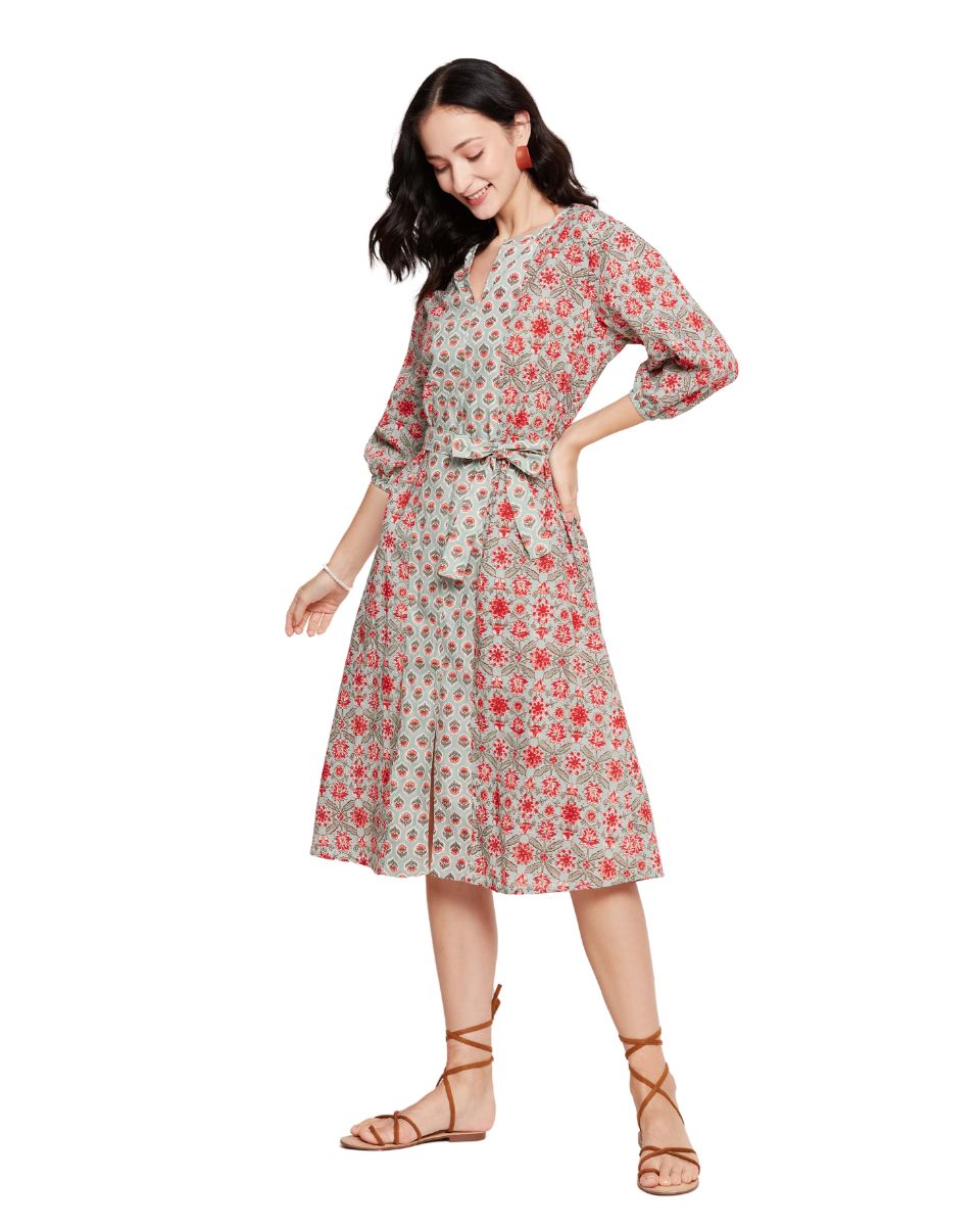 Pista Green Floral Printed Cotton Mid Dress With Belt For Women