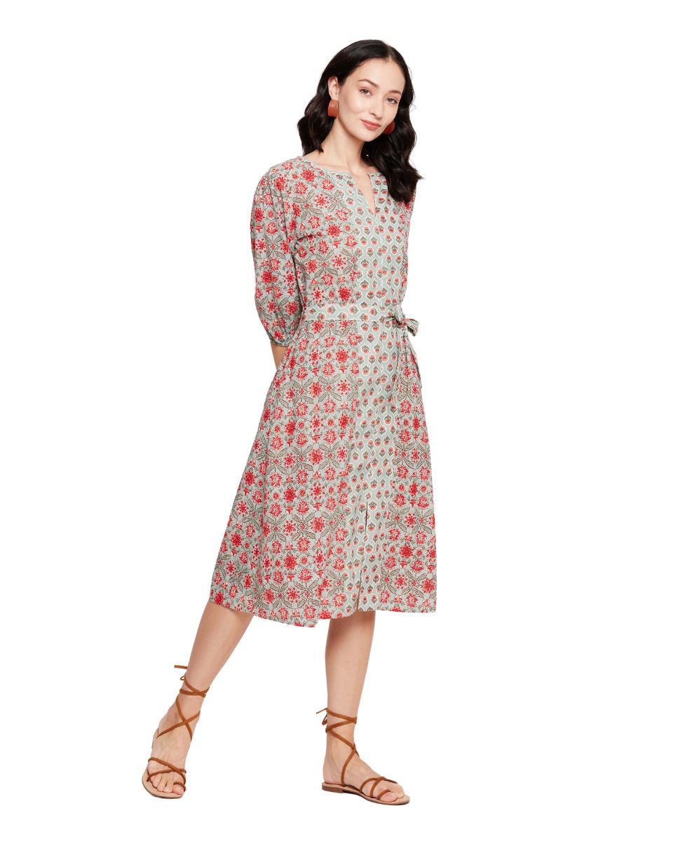 Pista Green Floral Printed Cotton Mid Dress With Belt For Women
