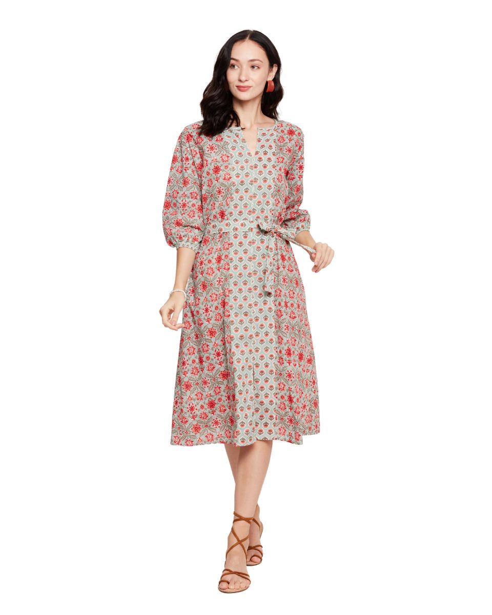 Pista Green Floral Printed Cotton Mid Dress With Belt For Women