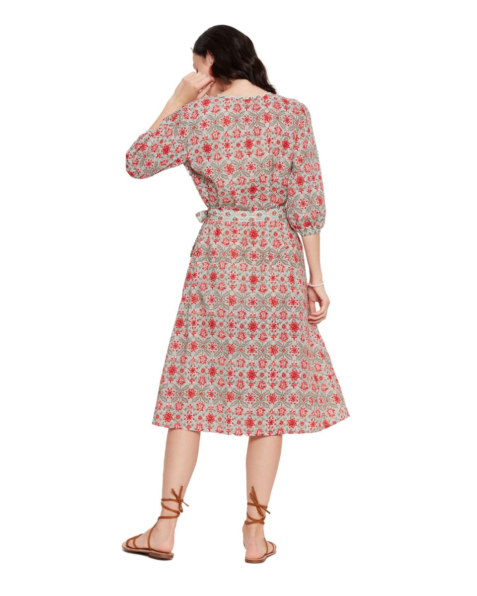 Pista Green Floral Printed Cotton Mid Dress With Belt For Women