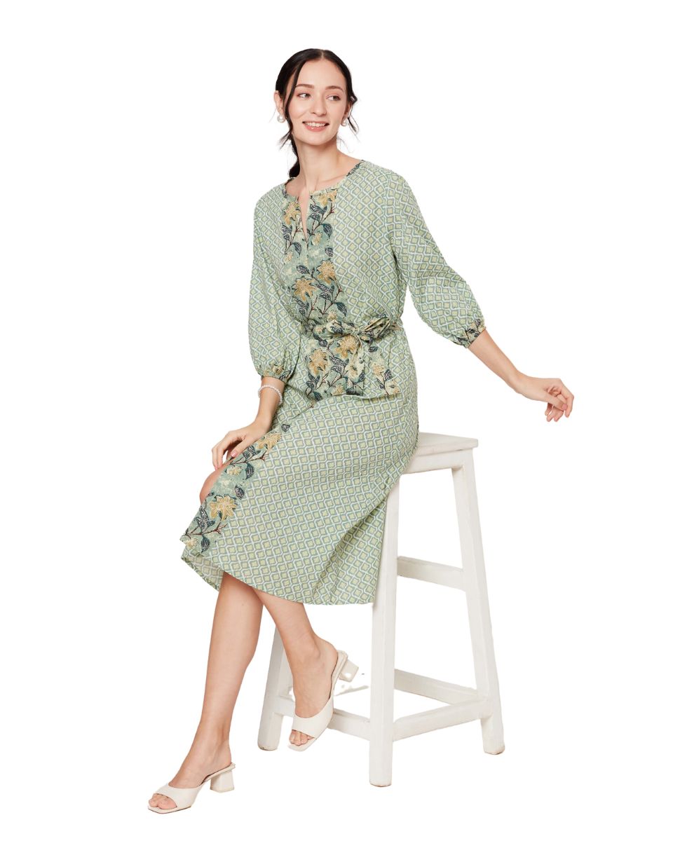Moss Green Floral Cotton Fit and Flare Midi Dress For Women