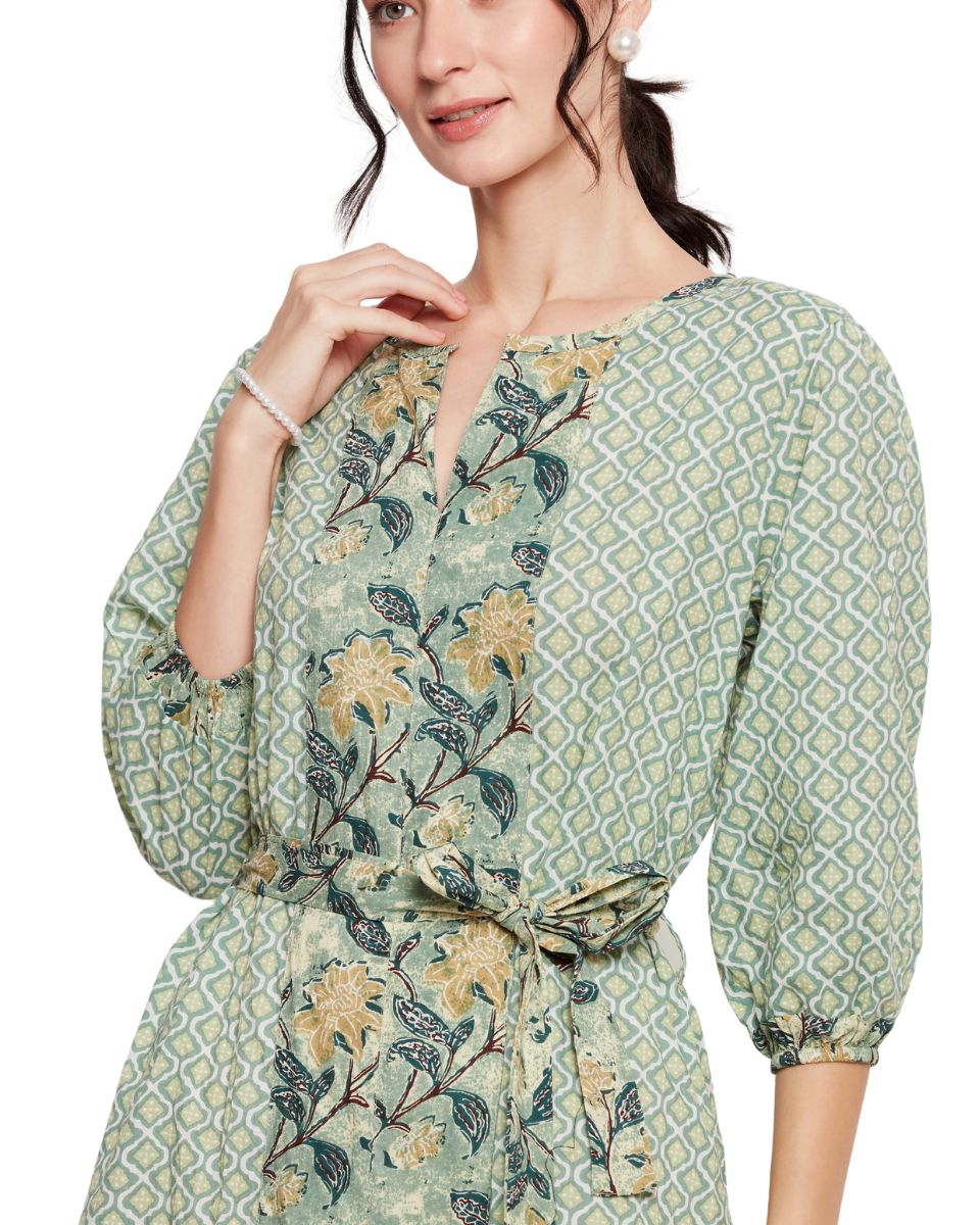 Moss Green Floral Cotton Fit and Flare Midi Dress For Women