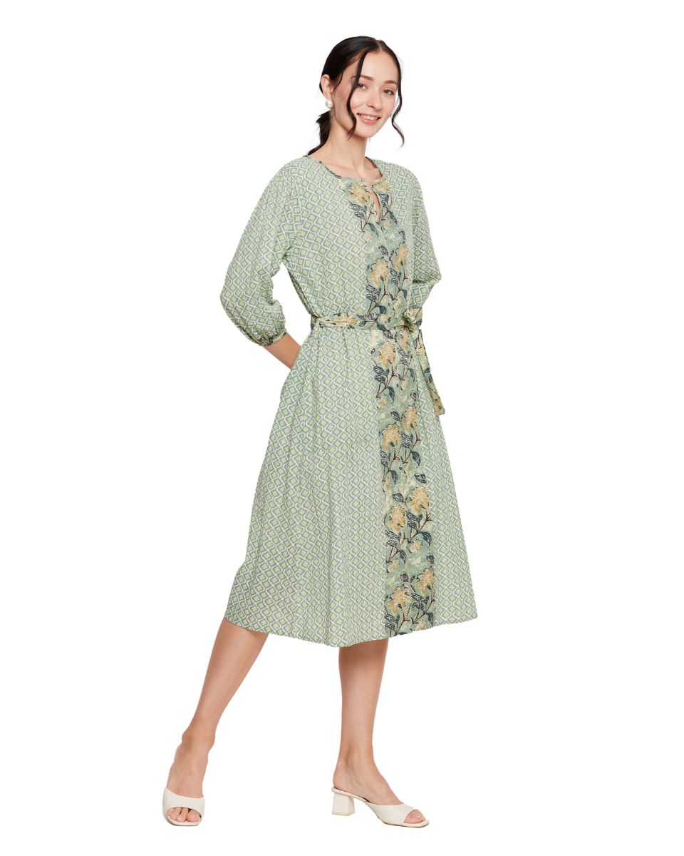 Moss Green Floral Cotton Fit and Flare Midi Dress For Women