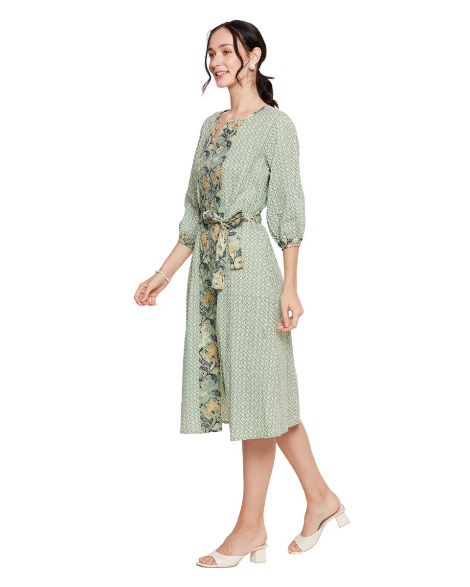 Moss Green Floral Cotton Fit and Flare Midi Dress For Women