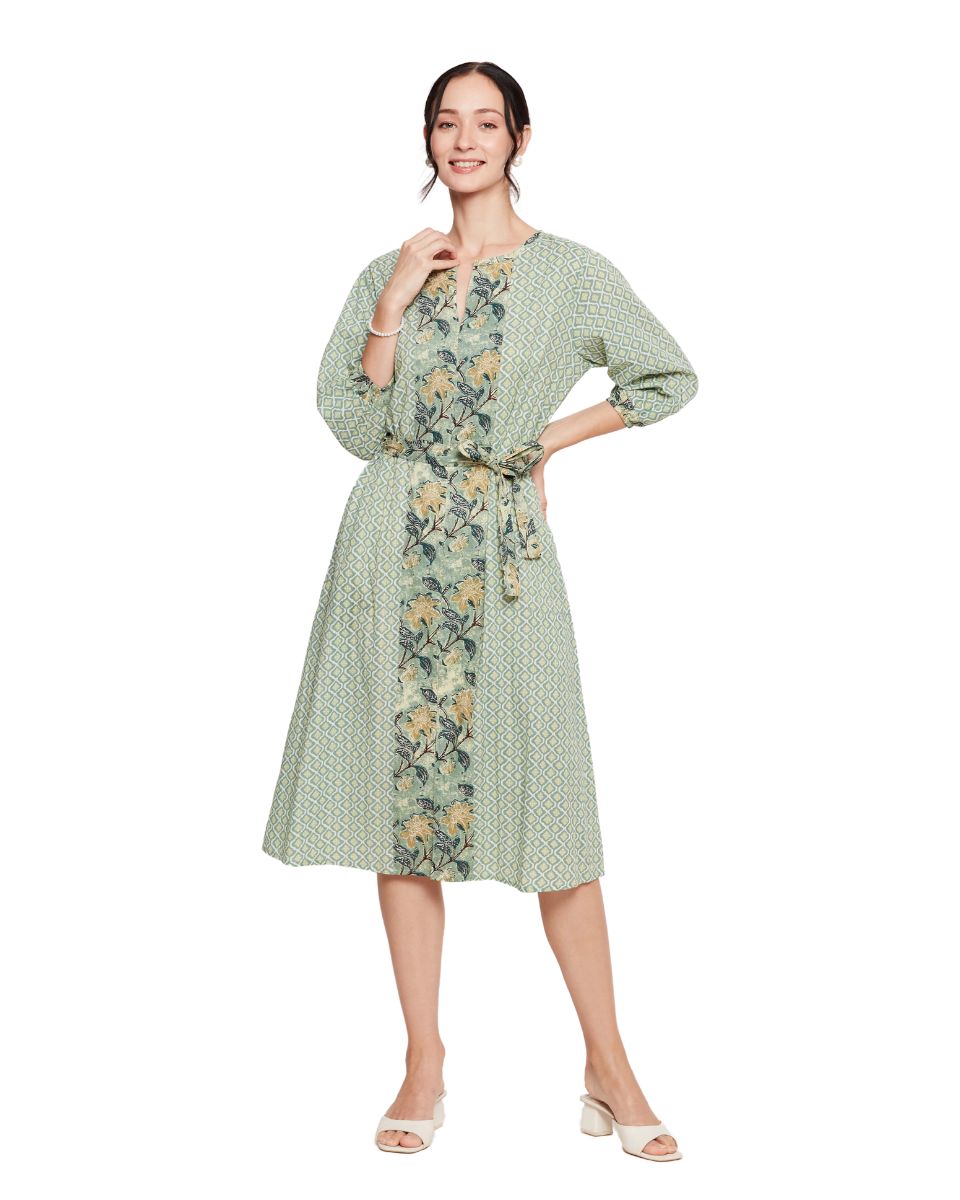 Moss Green Floral Cotton Fit and Flare Midi Dress For Women
