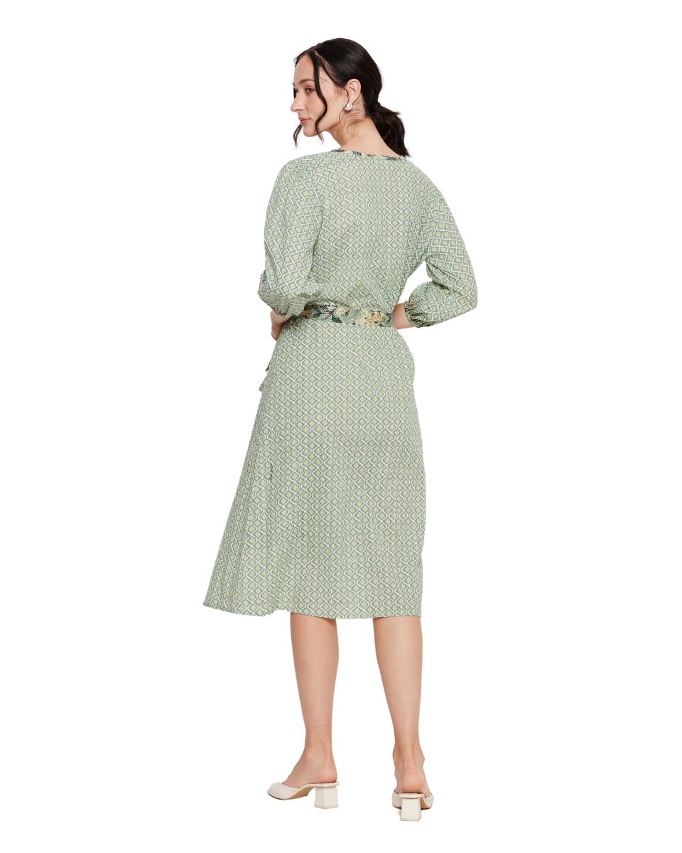 Moss Green Floral Cotton Fit and Flare Midi Dress For Women