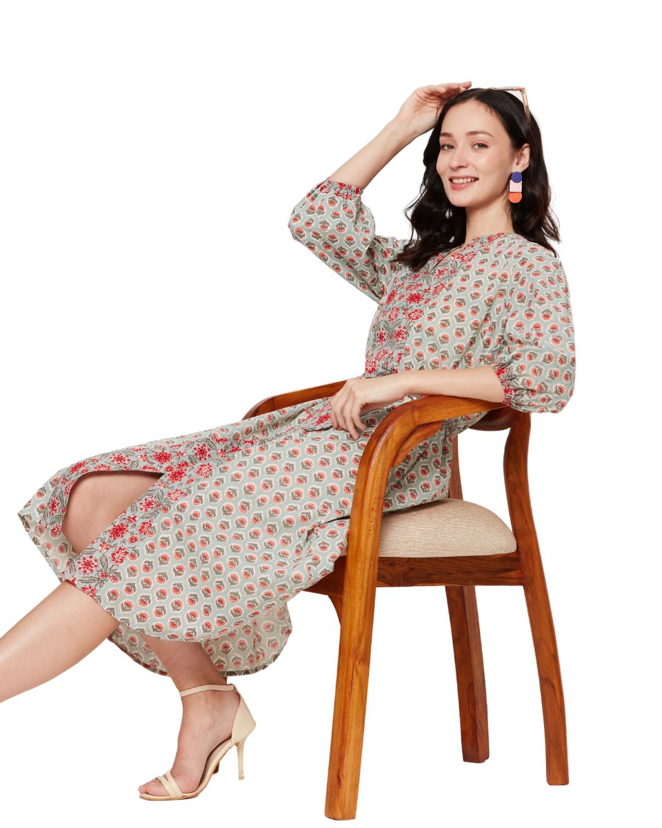 Floral Pista Green Cotton Knee Length Midi Dress For Women