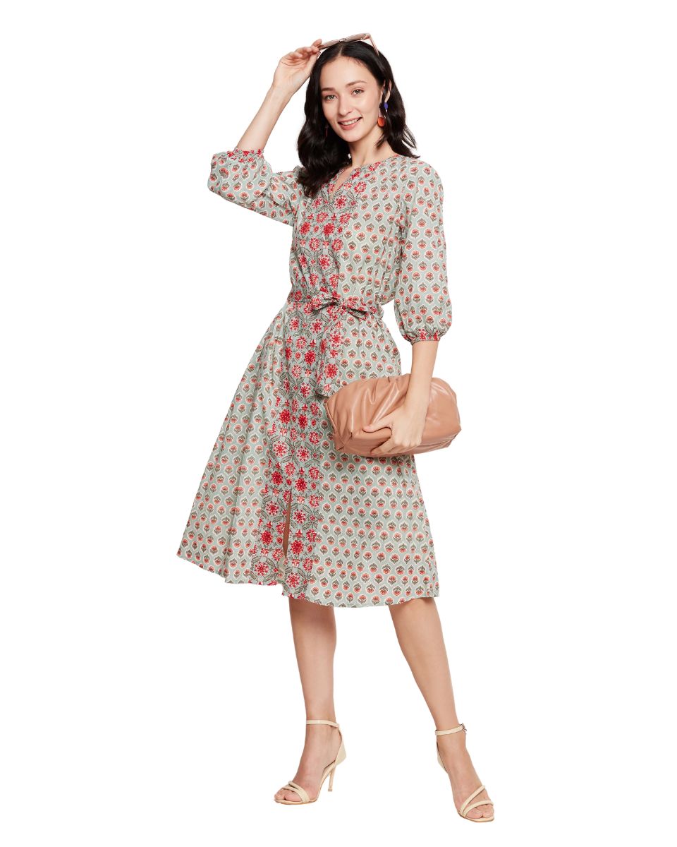 Floral Pista Green Cotton Knee Length Midi Dress For Women