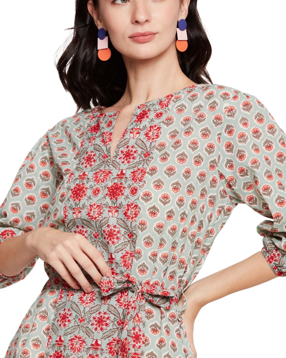 Floral Pista Green Cotton Knee Length Midi Dress For Women