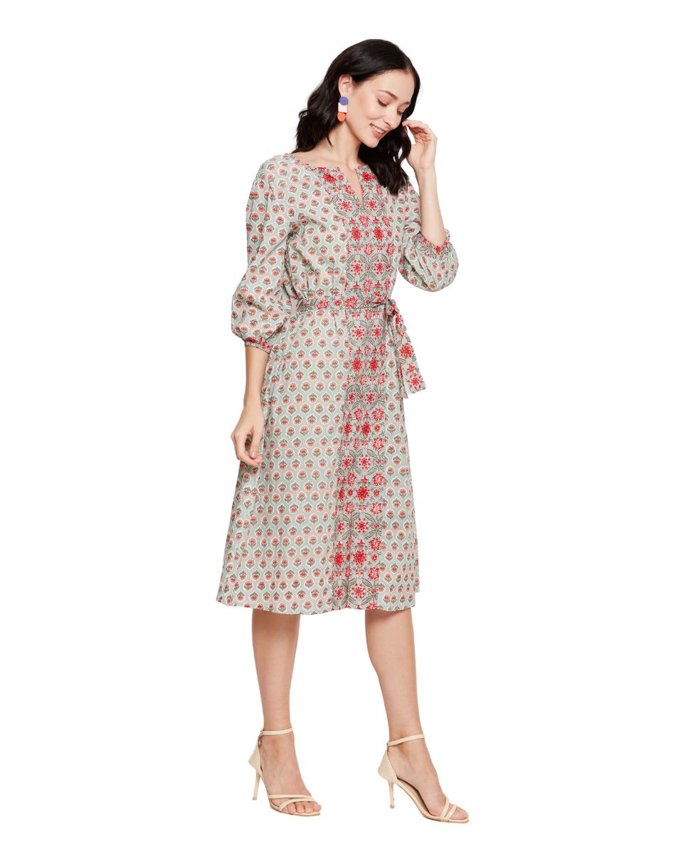 Floral Pista Green Cotton Knee Length Midi Dress For Women