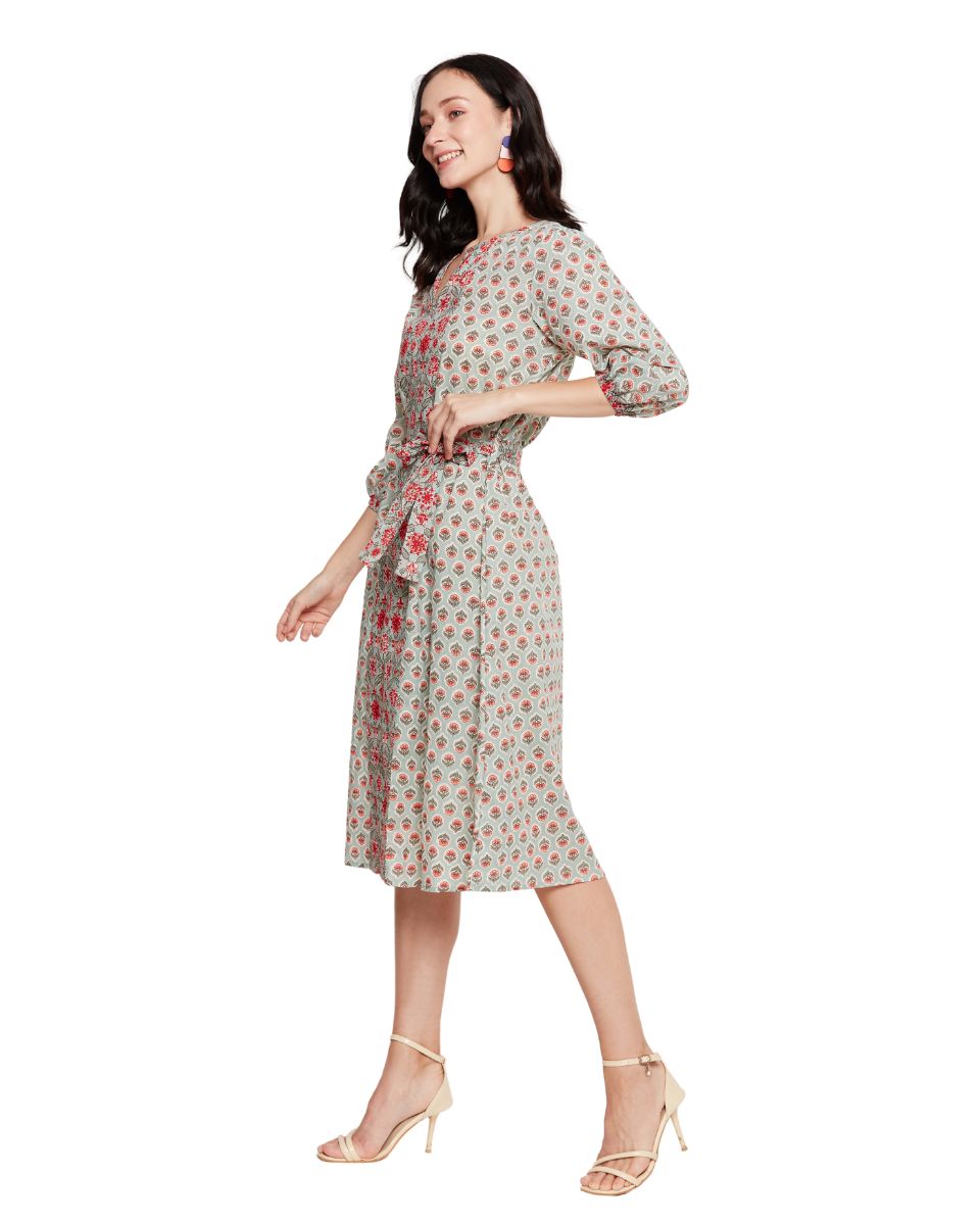 Floral Pista Green Cotton Knee Length Midi Dress For Women