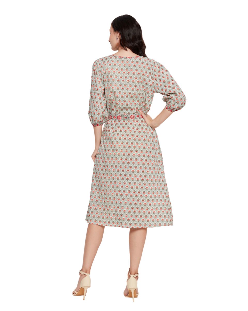Floral Pista Green Cotton Knee Length Midi Dress For Women