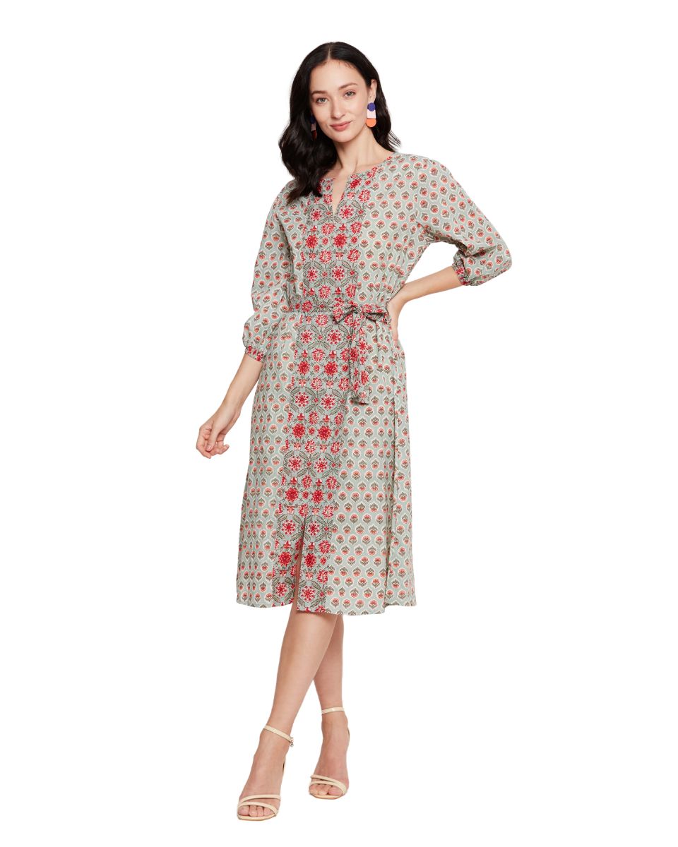 Floral Pista Green Cotton Knee Length Midi Dress For Women