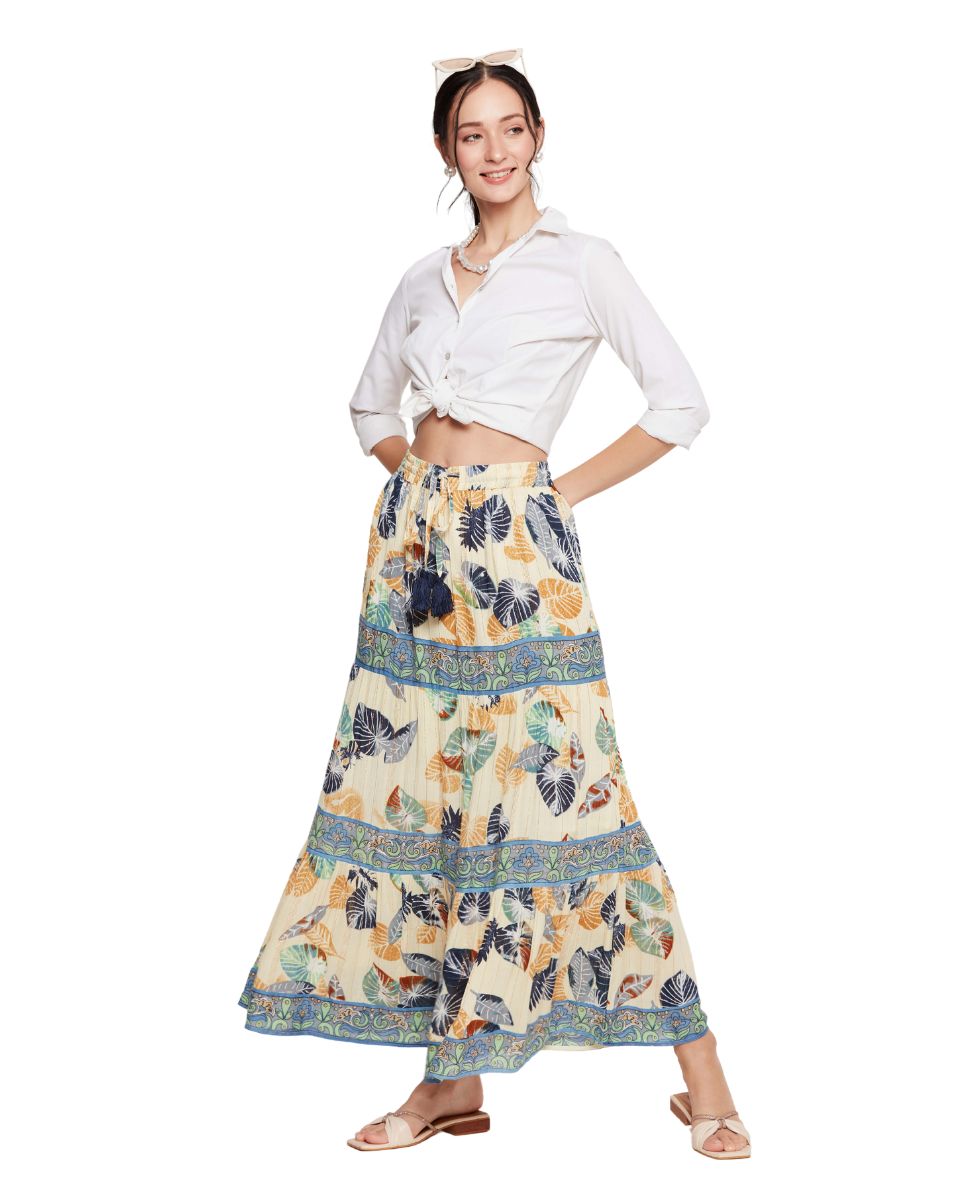 Leaf Printed Multicolor Rayon Skirt For Women