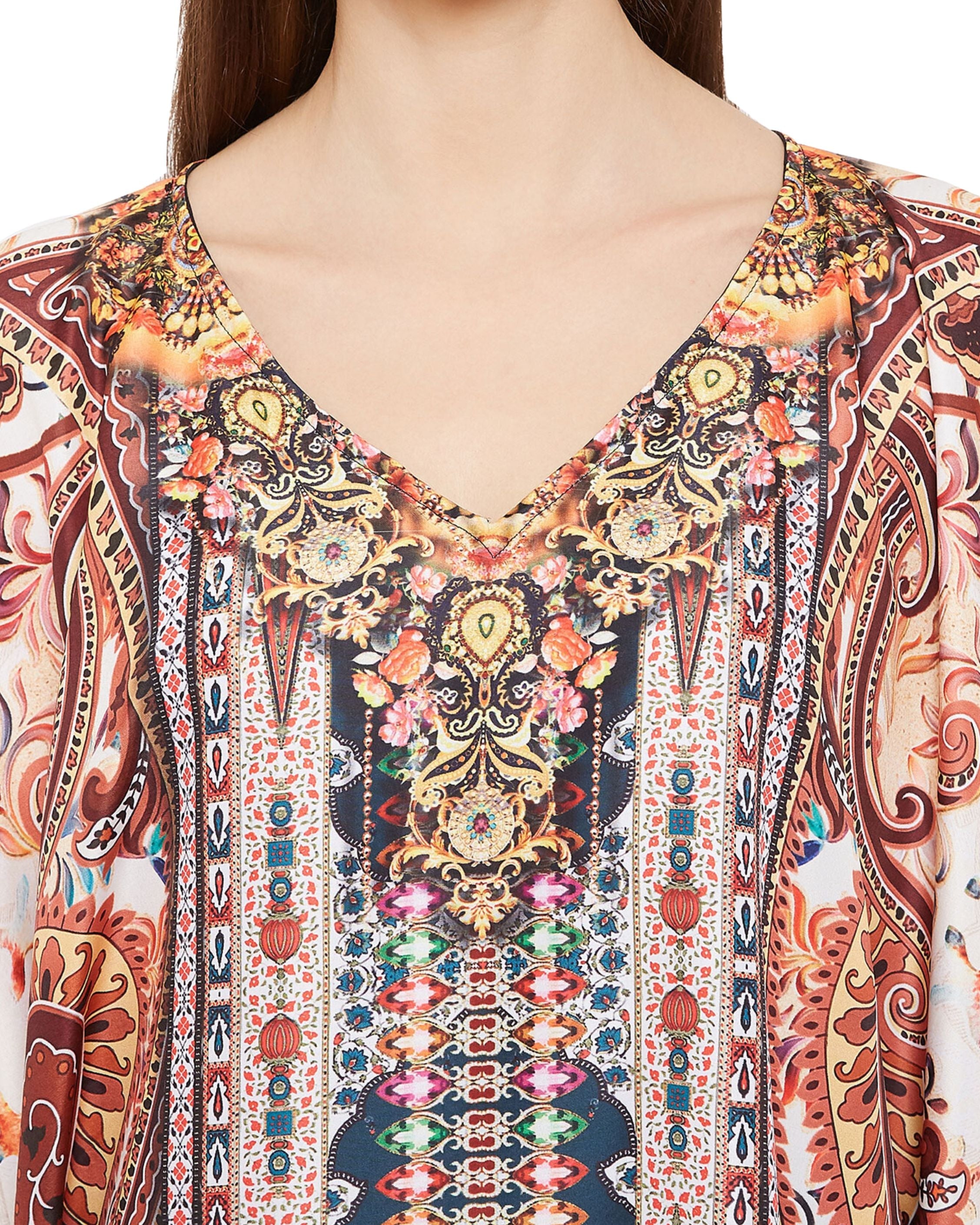 Paisley Printed Multicolor Plus Size Polyester Kaftan For Women