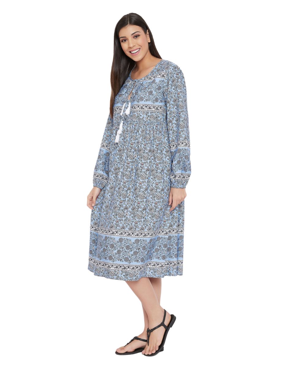 Floral Print Sky Blue Cotton Dress For Women
