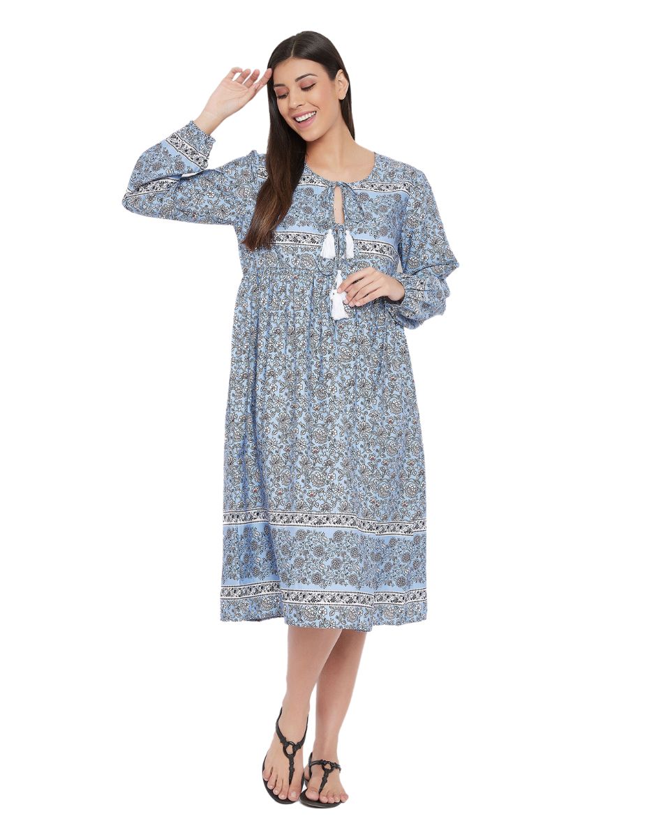Floral Print Sky Blue Cotton Dress For Women