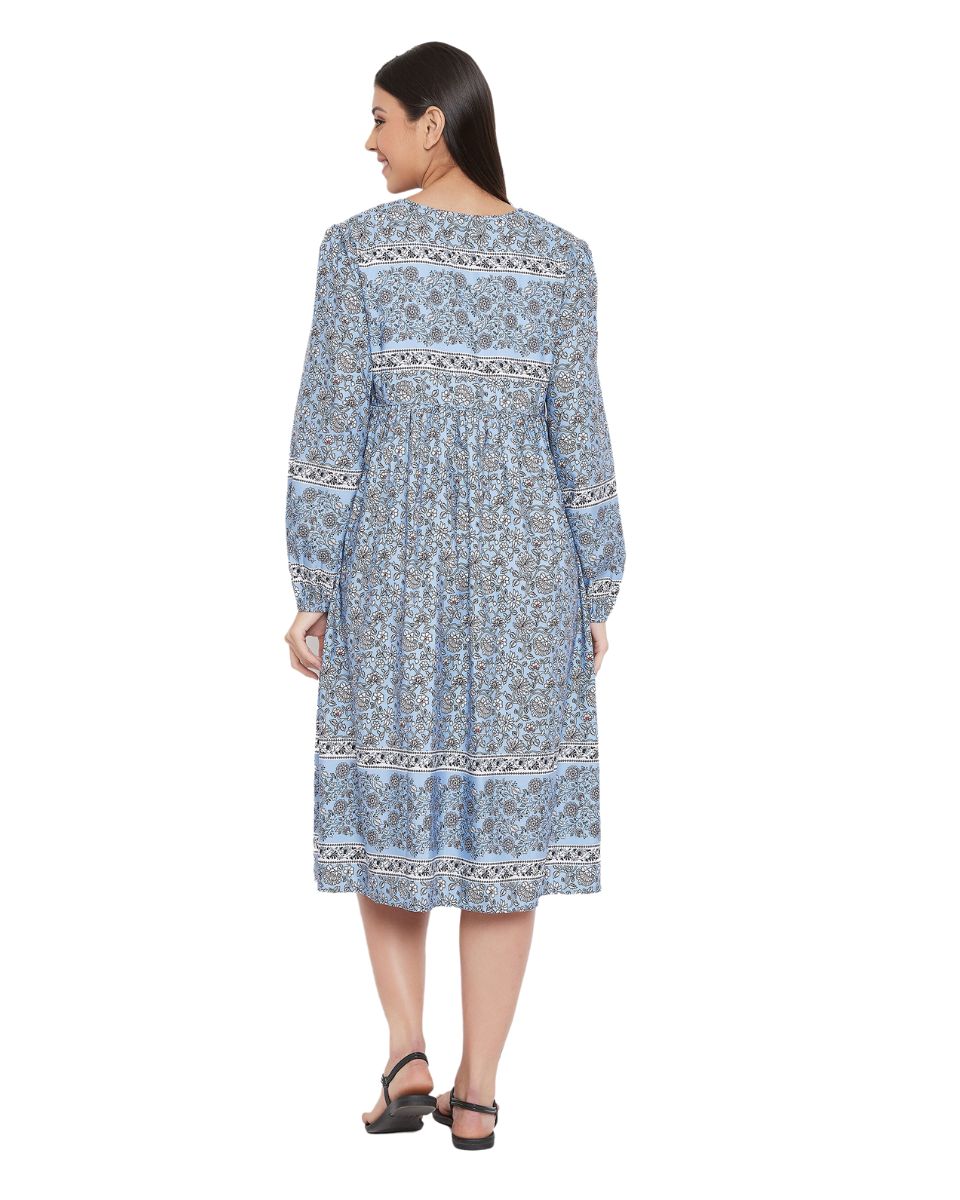 Floral Print Sky Blue Cotton Dress For Women