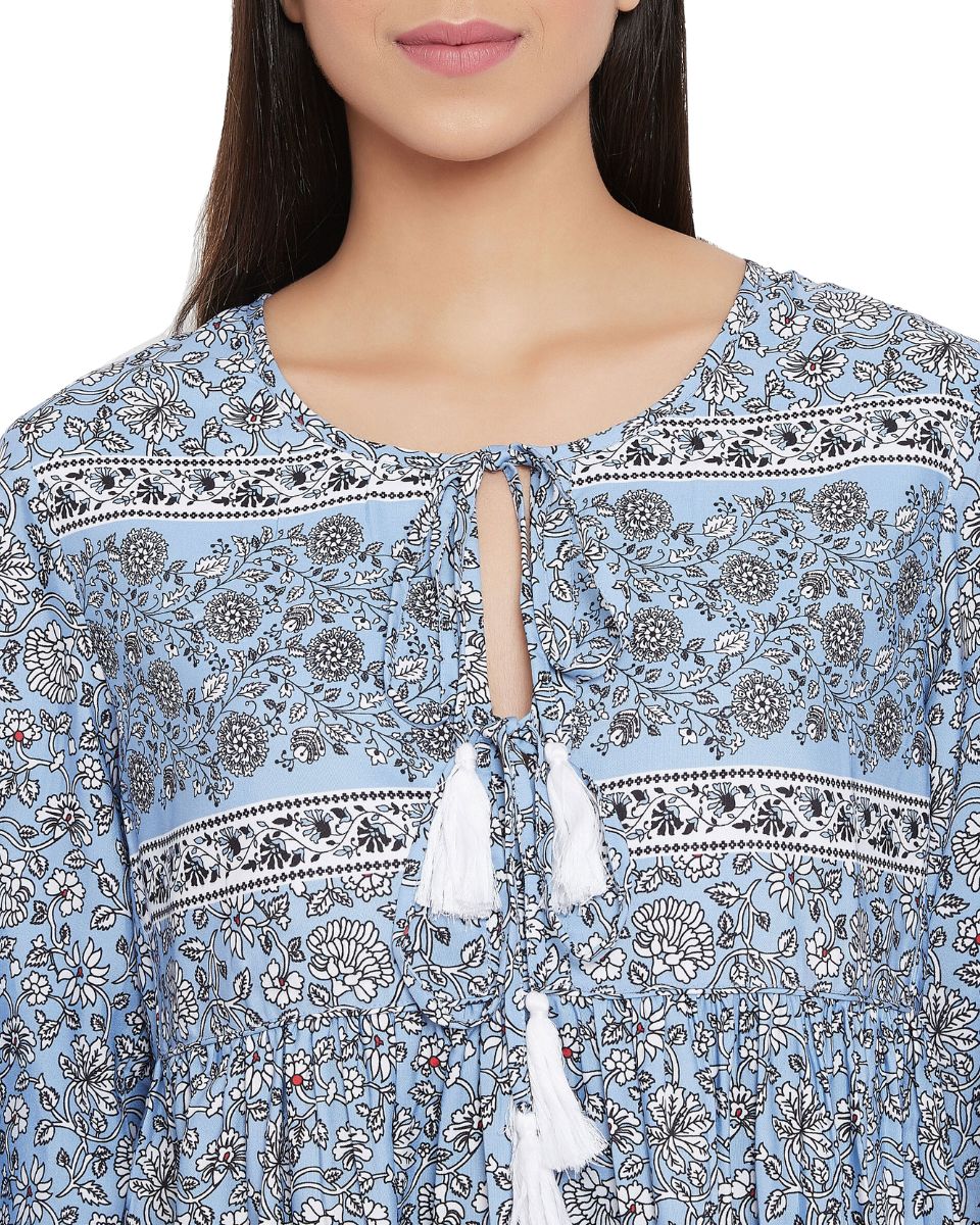 Floral Print Sky Blue Cotton Dress For Women