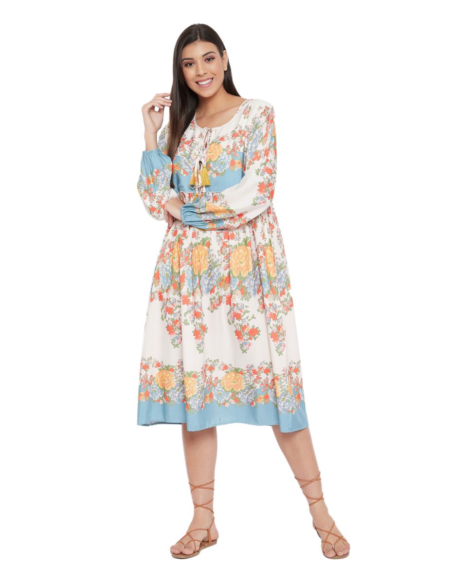 Floral Printed Multicolor Cotton Empire Dress For Women
