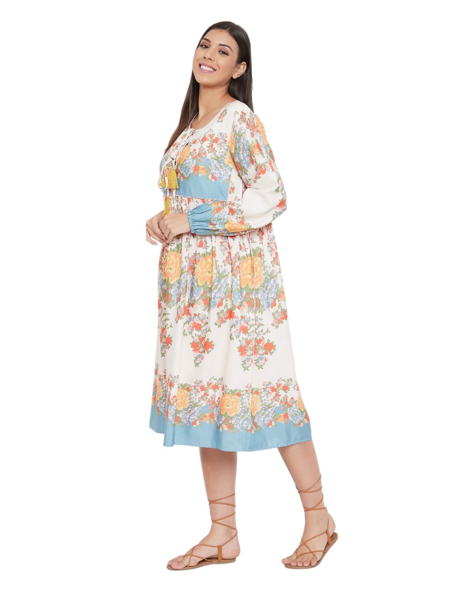 Floral Printed Multicolor Cotton Empire Dress For Women