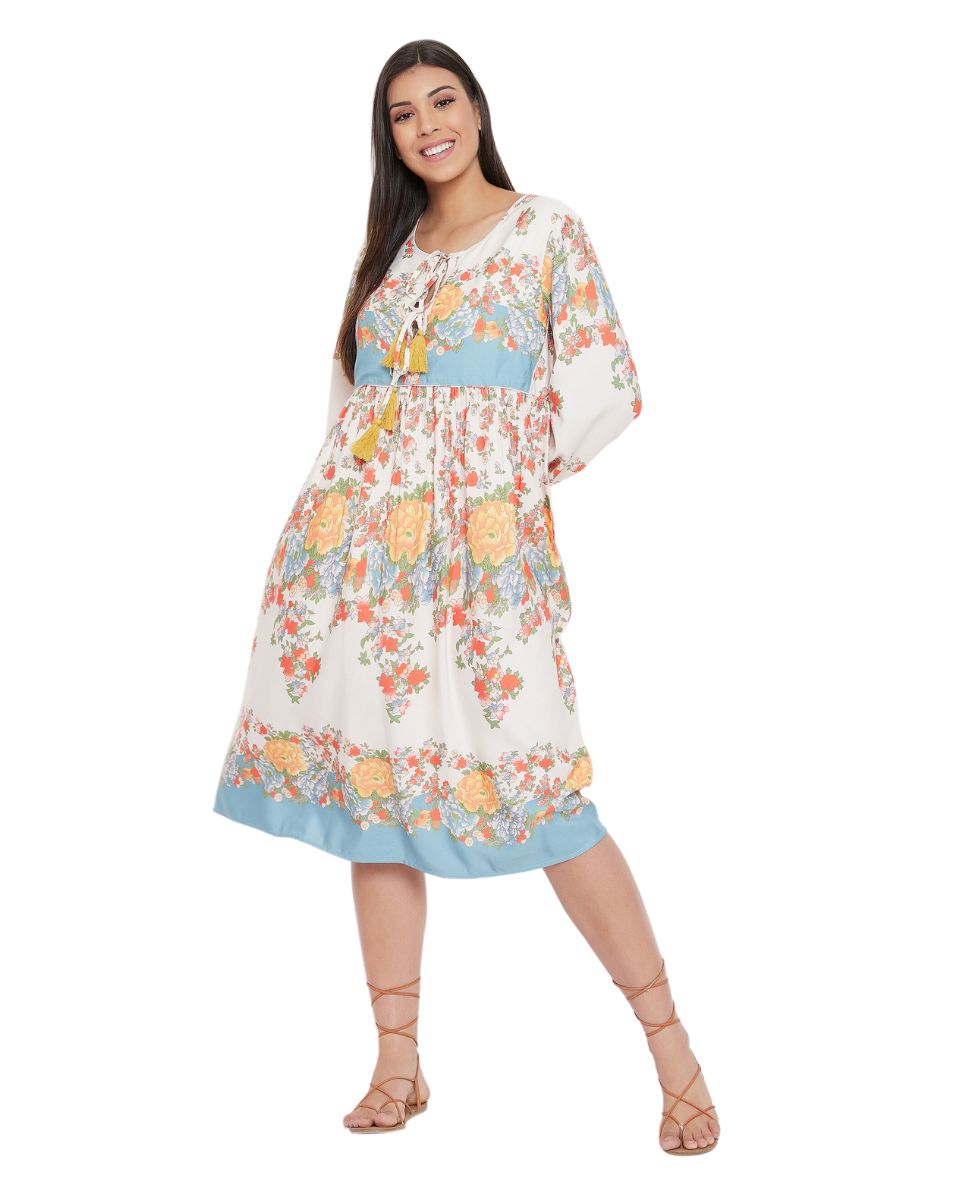 Floral Printed Multicolor Cotton Empire Dress For Women