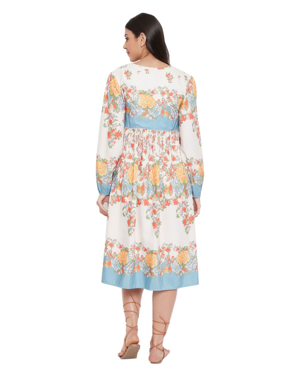 Floral Printed Multicolor Cotton Empire Dress For Women