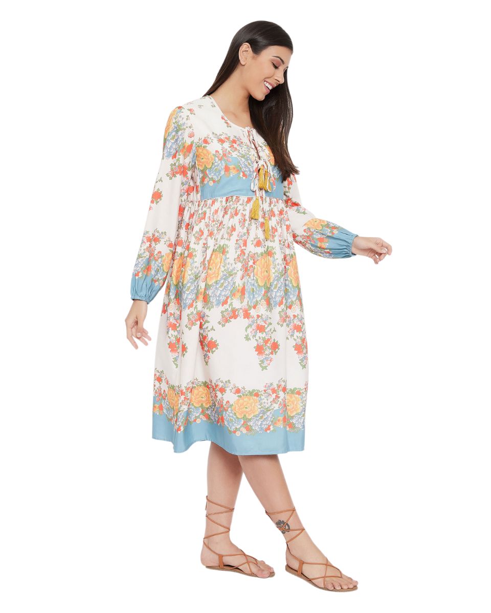 Floral Printed Multicolor Cotton Empire Dress For Women