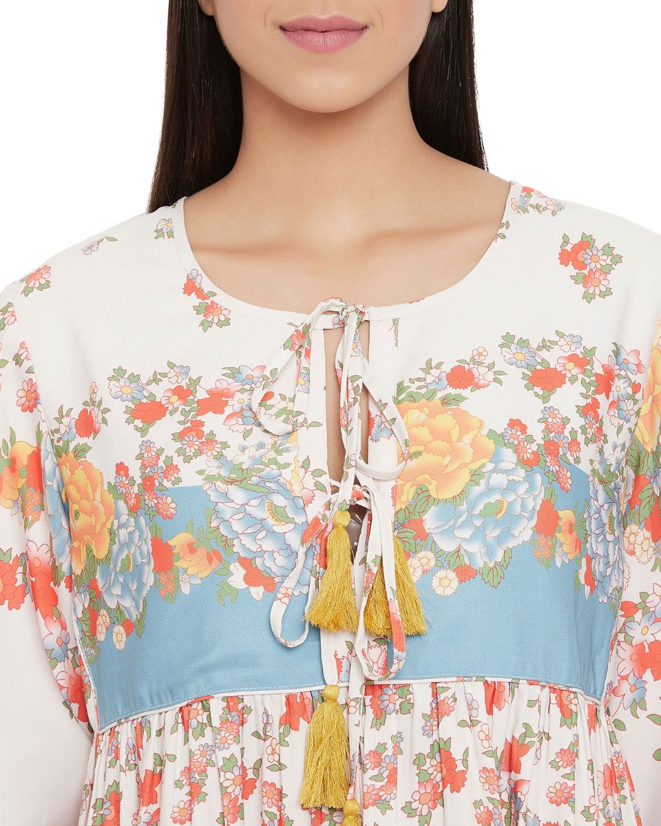 Floral Printed Multicolor Cotton Empire Dress For Women