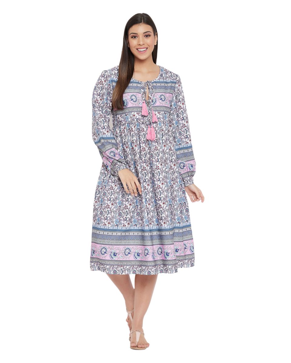 Gray Cotton Empire Floral Printed Dress For Women