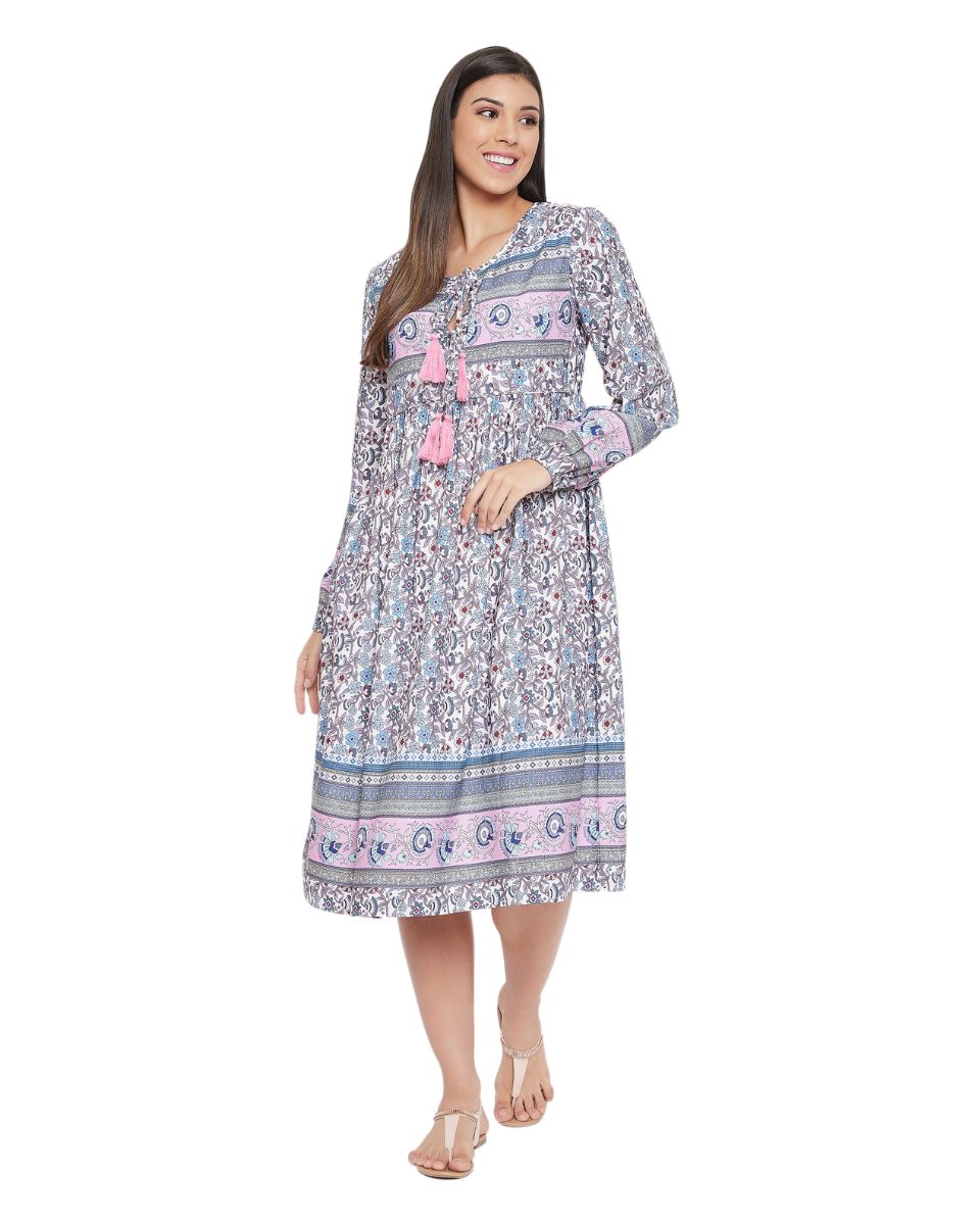 Gray Cotton Empire Floral Printed Dress For Women
