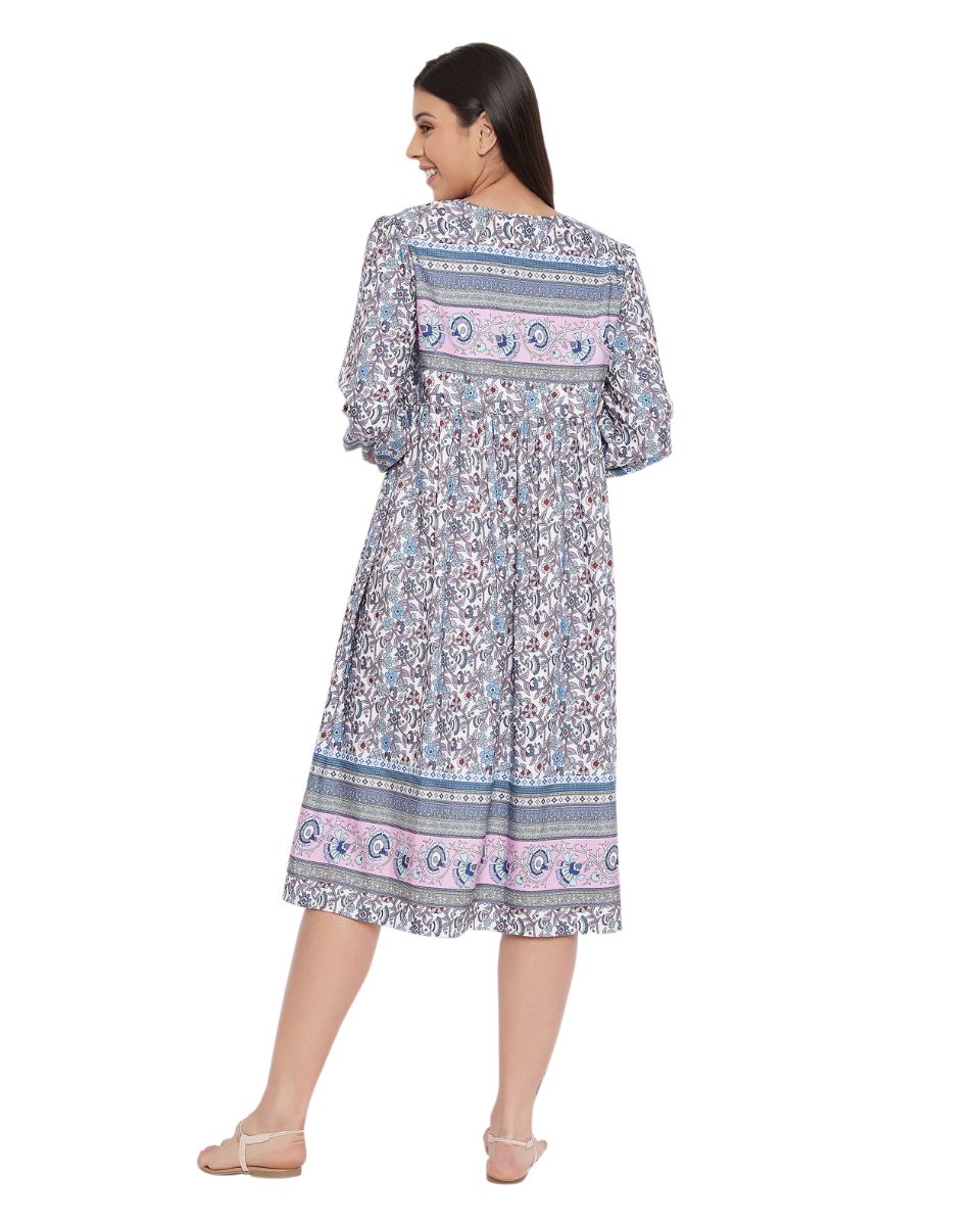 Gray Cotton Empire Floral Printed Dress For Women