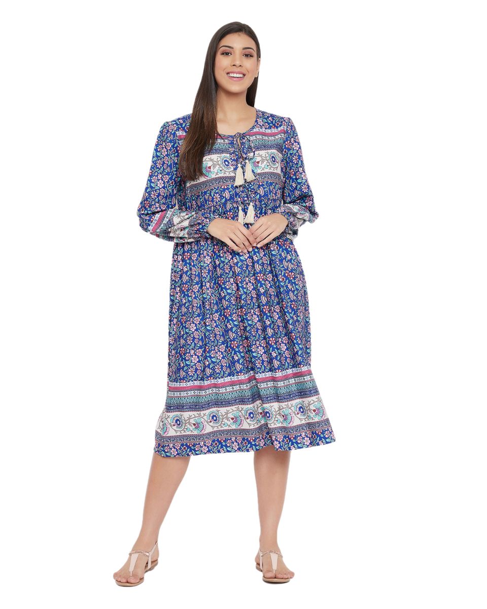 Blue Cotton Floral Print Empire Dress For Women