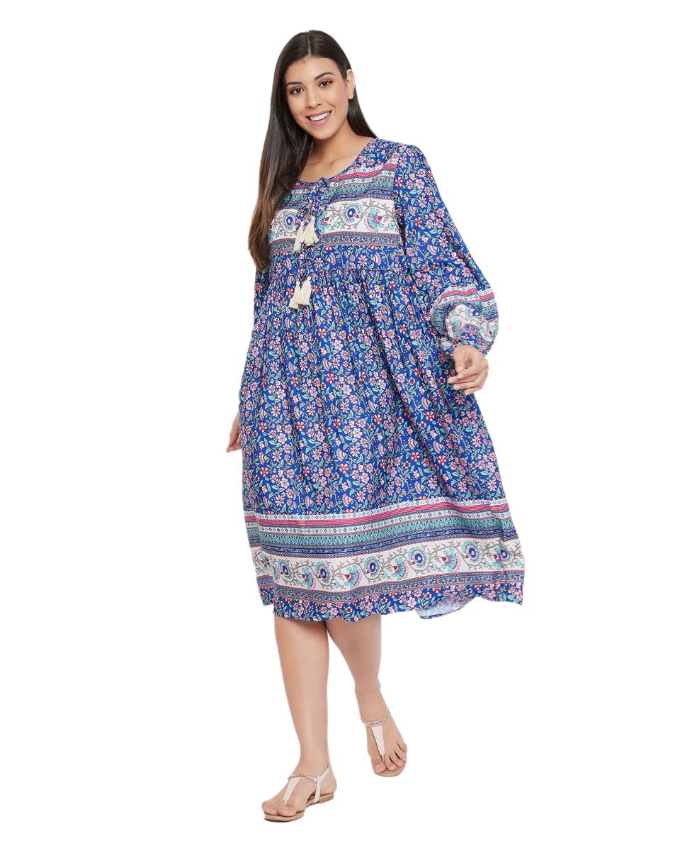 Blue Cotton Floral Print Empire Dress For Women