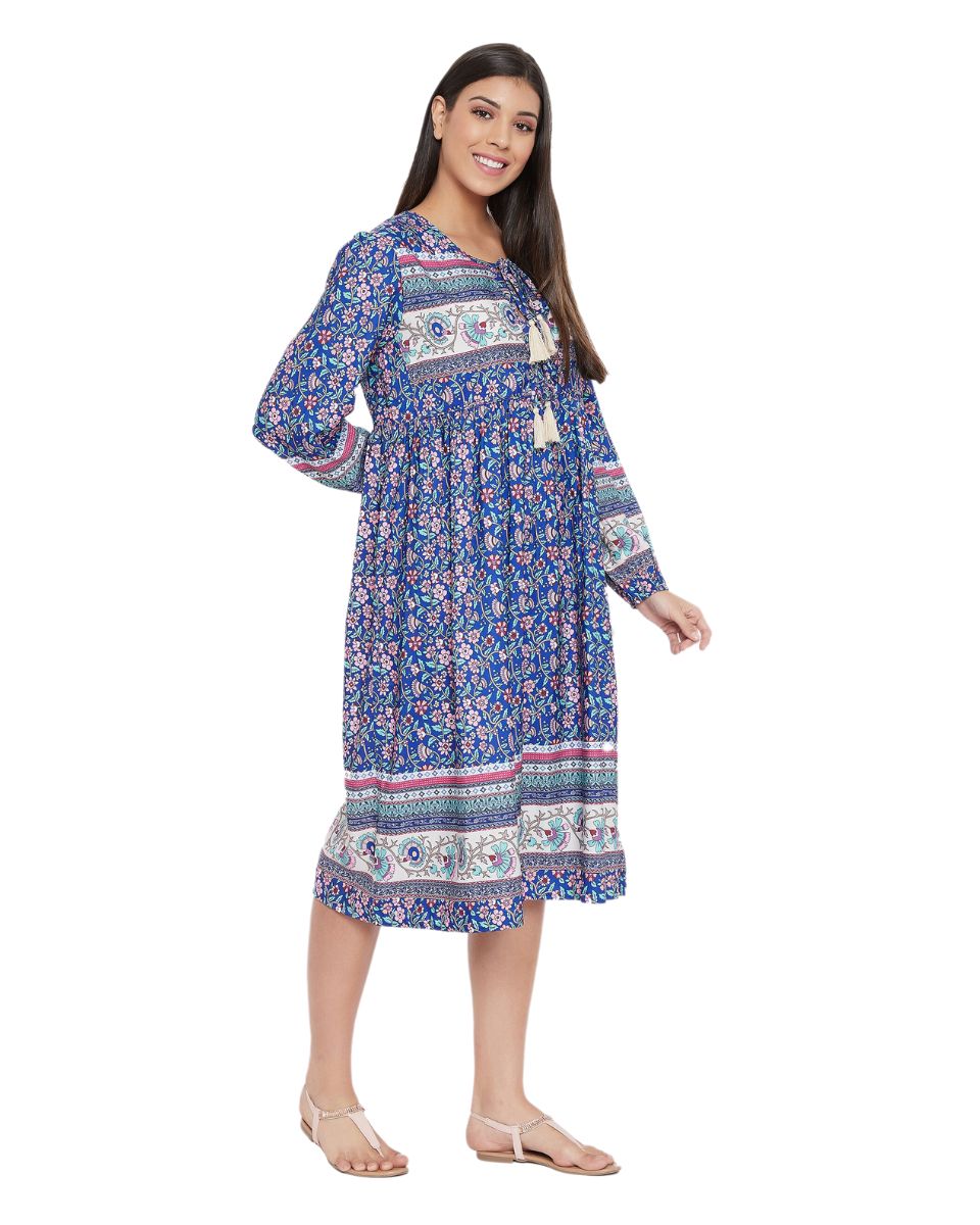 Blue Cotton Floral Print Empire Dress For Women