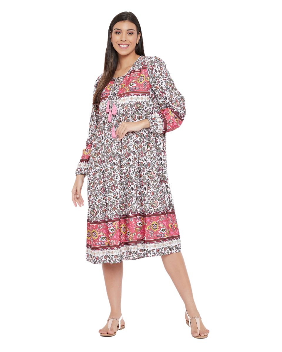 Floral Print Pink Cotton Casual Midi Dress for Women